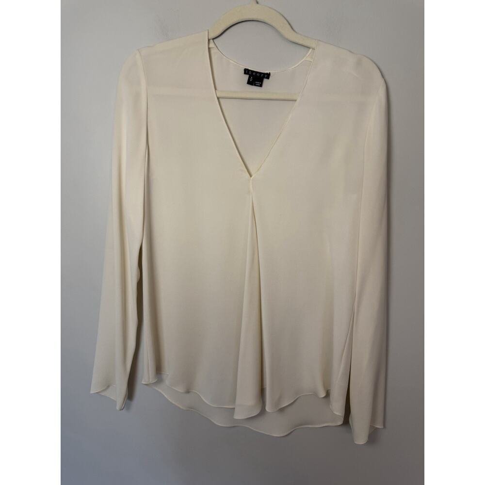 Theory 100% Silk Ivory V Neck Blouse Long Sleeve Women's Sz S EUC
